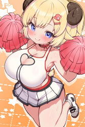 1girl alternate_costume animal_ears blonde_hair blue_eyes blush breasts cheerleader cleavage_cutout clothing_cutout commentary_request hair_ornament hairclip heart_cutout highres hololive horns kani_bonara large_breasts looking_at_viewer microskirt orange_background pleated_skirt pom_pom_(cheerleading) ponytail sheep_ears sheep_girl sheep_horns sheep_tail skirt smile solo star_(symbol) star_symbol_background tail tsunomaki_watame virtual_youtuber white_skirt