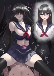 1boy 1girl absurdres before_and_after blue_bra blue_sailor_collar blue_skirt blunt_bangs bra breasts choker collarbone corruption dark_persona demon_girl femdom highres hime_cut large_breasts midriff navel original pleated_skirt pubic_tattoo rape sailor_collar school_uniform serafuku sex skirt tatsunohiroigo3 tattoo transformation underwear wings