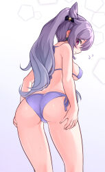 Rule 34 | 1girl, ass, bare shoulders, bikini, blush, breasts, cone hair bun, diamond-shaped pupils, diamond (shape), double bun, flying sweatdrops, genshin impact, hair bun, hair ears, hair ornament, highres, keqing (genshin impact), long hair, looking at viewer, medium breasts, purple bikini, purple eyes, purple hair, sideboob, solo, sweat, swimsuit, symbol-shaped pupils, twintails, watayoshi (suiiho)