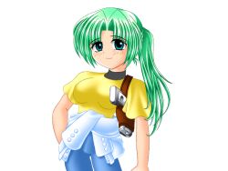 Rule 34 | 1girl, arm at side, blue eyes, blue pants, breasts, closed mouth, clothes around waist, eyes visible through hair, game cg, green hair, gun, hand in pocket, higurashi no naku koro ni, holster, large breasts, large variant set, light smile, long hair, nose, pants, parted bangs, ponytail, ryukishi07, shirt, shirt around waist, sonozaki mion, variant set, weapon, white shirt, yellow shirt
