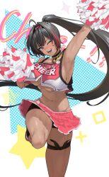 1girl ;d absurdres arm_up armpits bare_shoulders bay_(nikke) black_collar black_hair black_hairband black_socks blue_eyes blush breasts cheerleader clothes_writing collar commentary_request cowboy_shot crop_top crop_top_overhang dark-skinned_female dark_skin fujisaki_subaru goddess_of_victory:_nikke hair_between_eyes hair_intakes hairband high_ponytail highleg highleg_panties highres kneehighs large_breasts lock long_hair miniskirt mole mole_on_breast mole_under_mouth multicolored_hair navel no_bra one_eye_closed open_mouth padlock padlocked_collar panties panty_straps pleated_skirt pom_pom_(cheerleading) ponytail presenting_armpit red_shirt red_streaks revision shirt shorts shorts_under_skirt sidelocks signature skirt sleeveless sleeveless_shirt smile socks solo spiked_collar spikes standing standing_on_one_leg star_(symbol) star_in_eye star_sticker stomach sweat symbol_in_eye thigh_strap underboob underwear white_panties