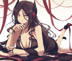 1girl :o arknights arm_support black_dress black_hair black_nails breasts cleavage commentary_request cross-shaped_pupils dress horns ines_(arknights) jewelry large_breasts lari_lab long_hair looking_at_viewer lying meme_attire modakawa_dress multiple_rings nail_polish on_stomach red_ribbon ribbon ring simple_background solo spaghetti_strap symbol-shaped_pupils the_pose white_background yellow_eyes