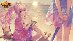 2girls alternate_hairstyle animal_ear_fluff animal_ears arm_strap arms_behind_back beach beach_towel blue_nails cat_ears cat_girl cat_tail clothes_writing cloud drawing_(action) dress fake_tail feet floral_print flower_print food-themed_hair_ornament food_print fraise_(nekopara) fruit_hair_ornament fruit_print game_cg gradient_clothes gradient_dress green_eyes hair_ornament heart heart_print holding holding_pencil holding_sketchbook kneepits looking_back minazuki_shigure multicolored_dress multiple_girls nail_polish nekopara ocean official_art on_ground outdoors pencil pink_hair pink_nails ponytail print_dress sandals sayori_(neko_works) see-through_silhouette sitting sketchbook sky slit_pupils sunset tail toenail_polish toenails toes towel watermark wavy_hair yellow_nails