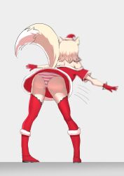 1girl angelchama animal_ears ass bent_over blonde_hair boots christmas dog_ears dog_girl dog_tail from_behind from_below fur-trimmed_boots fur_trim gloves grey_background hat highres hololive hololive_english legs_apart mococo_abyssgard motion_lines panties pantyshot santa_hat simple_background solo standing striped_clothes striped_panties tail tail_raised thigh_gap thighhighs underwear upskirt virtual_youtuber