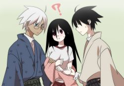 00s 1girl 2boys ? arm_grab black_hair blanket blush clone dark-skinned_male dark_skin dual_persona ekra eye_contact glasses green_eyes gym_uniform itoshiki_nozomu japanese_clothes kimono komori_kiri long_hair looking_at_another multiple_boys red_eyes sayonara_zetsubou_sensei short_hair simple_background sweatdrop white_hair