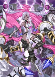1girl arm_behind_back armor bare_shoulders black_armor black_gloves black_thighhighs bob_cut breasts chest_spike closed_mouth collarbone colored_inner_hair colored_skin crossed_legs dress elbow_gloves expressionless extra_arms fate/grand_order fate_(series) fingerless_gloves floating_hair full_body game_cg gloves hagoromo hair_horns halterneck honjou_raita impossible_clothes japanese_armor kote leg_armor leg_up long_hair looking_to_the_side mechanical_arms multicolored_hair no_panties official_art outstretched_arm parted_bangs pelvic_curtain pink_eyes purple_background purple_hair purple_skin shawl short_dress short_eyebrows sideless_dress sideless_outfit sleeveless sleeveless_dress small_breasts solo stirrup_legwear thighhighs third-party_source third_eye toeless_legwear toes turtleneck ushi_gozen_(avenger)_(fate) ushi_gozen_(avenger)_(third_ascension)_(fate) ushi_gozen_(fate) variant_set white_armor white_dress