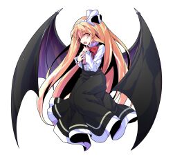 Rule 34 | 1girl, alphes (style), bat wings, black skirt, blonde hair, blush, bow, bowtie, buttons, commentary request, dairi, dress shirt, frilled sleeves, frills, full body, hair between eyes, hairband, high-waist skirt, kurumi (touhou), large variant set, long hair, long skirt, long sleeves, parody, purple wings, red bow, red bowtie, ribbon, shirt, skirt, solo, style parody, suspenders, tachi-e, touhou, touhou (pc-98), transparent background, variant set, very long hair, white hairband, white ribbon, white shirt, wings