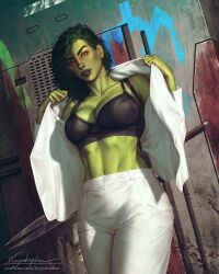 Rule 34 | 1girl, abs, black bra, black lips, blood, blood splatter, bra, breasts, cleavage, colored skin, commentary, dressing, english commentary, formal clothes, gamora, green eyes, green hair, green skin, guardians of the galaxy, highres, krystopher decker, large breasts, lips, looking at viewer, marvel, marvel cinematic universe, navel, nose, open clothes, open shirt, pants, putting on jacket, realistic, science fiction, shirt, signature, solo, standing, stomach, strap, suit, sword, toned, toned female, underwear, weapon, white pants, white suit