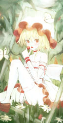 Rule 34 | 1girl, absurdres, artist name, bare shoulders, bow, bug, butterfly, choker, collarbone, crystal wings, dress, fangs, flandre scarlet, flat chest, food, frilled cuffs, frilled hat, frills, fruit, hat, highres, holding, holding food, holding fruit, insect, k4ja0002, knee up, looking at viewer, medium hair, nail polish, open mouth, red choker, red eyes, red nails, red shoes, shoes, sidelocks, signature, sitting, skindentation, solo, thighhighs, thighs, touhou, waist bow, white bow, white dress, white hat, white thighhighs, wrist cuffs