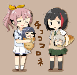 4girls :d =_= ^_^ aoba_moca bang_dream! black_hair black_socks blue_neckwear blue_shirt blush_stickers bob_cut brown_background brown_hair carrying carrying_under_arm chocolate_cornet closed_eyes collared_shirt commentary_request drooling food full_body green_neckwear green_skirt grey_hair hair_flaps hair_ribbon in_food kneehighs mini_person minigirl mitake_ran mouth_drool multiple_girls neckerchief necktie nose_bubble open_mouth paru-tan pleated_skirt ponytail red_hair ribbon shirt short_hair short_sleeves sidelocks simple_background skirt sleeping smile socks standing sweatdrop ushigome_rimi white_legwear white_shirt white_skirt yamabuki_saya yellow_ribbon