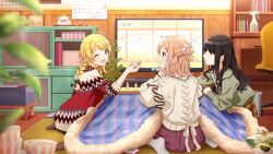 3girls ;d ahoge black_hair blonde_hair blue_eyes blurry blurry_foreground board_game bookshelf bow braid calendar_(object) cellphone dice frilled_sweater from_behind game_cg green_sweater hachimiya_meguru hair_bun hair_flaps half_updo holding holding_dice idolmaster idolmaster_shiny_colors illumination_stars_(idolmaster) indoors interlocked_fingers kazano_hiori kotatsu light_brown_hair long_hair looking_at_another medium_hair multiple_girls no_shoes official_art on_floor one_eye_closed open_mouth own_hands_together phone plaid playing_games pleated_skirt purple_eyes red_skirt red_sweater ribbed_sweater rug sakuragi_mano sidelocks single_hair_bun sitting skirt slice_of_life smartphone smile socks sweater table television twin_braids wariza white_socks wooden_floor wooden_wall