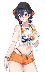 1girl absurdres bare_shoulders belle_(zenless_zone_zero) black_hat blue_hair clothes_writing cowboy_shot crop_top green_eyes grin hat highres looking_at_viewer navel off-shoulder_shirt off_shoulder official_alternate_costume orange_shorts pynkmouth see-through_clothes see-through_shirt shirt short_hair short_shorts short_sleeves shorts simple_background smile solo standing stomach thighs tied_shirt white_background white_shirt zenless_zone_zero