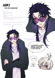 1boy 1girl ahoge ahoge_wag artist_name black_coat black_hair character_name cherryberrypie2 coat crossed_arms degrees_of_lewdity earrings english_text expressive_hair eyepatch glasses highres jewelry lip_piercing lip_ring medical_eyepatch multiple_views niki_(degrees_of_lewdity) niki_(male)_(degrees_of_lewdity) open_clothes open_coat piercing purple-tinted_eyewear purple_eyes red_eyes round_eyewear shirt speech_bubble tinted_eyewear white_hair white_shirt