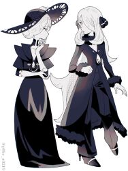 2girls ancestor_and_descendant coat cogita_(pokemon) collarbone cynthia_(pokemon) dress elbow_gloves finger_to_mouth fur-trimmed_coat fur-trimmed_sleeves fur_collar fur_trim gloves hair_ornament hair_over_one_eye hand_on_own_elbow hat high_heels highres long_dress long_hair long_sleeves looking_at_another multiple_girls nintendo p0ke_a0210 pants pokemon pokemon_dppt pokemon_legends:_arceus short_hair simple_background sun_hat twitter_username very_long_hair white_background