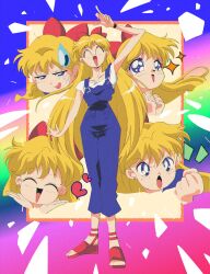 Rule 34 | 1girl, absurdres, aino minako, bishoujo senshi sailor moon, blonde hair, border, bow, breasts, closed eyes, earrings, fist shaking, full body, heart, highres, jewelry, memphis design, open mouth, orange border, overalls, potiri02, rainbow background, rainbow border, rainbow gradient, red bow, red footwear, retro artstyle, small breasts, standing, star (symbol), sweatdrop, toes, variations