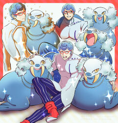 1boy :o blue_hair character_request check_character dazzling3ti gen_3_pokemon ghiaccio highres jojo_no_kimyou_na_bouken male_focus multiple_views nintendo open_mouth pants pokemon pokemon_(creature) red-framed_eyewear shirt sitting striped_clothes striped_pants trait_connection tusks vertical-striped_clothes walrein watermark white_background white_shirt yellow_eyes