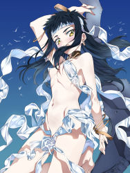1girl arm_up bare_shoulders black_hair breasts covered_erect_nipples earrings headband highres jewelry long_hair looking_at_viewer navel neo_ranga niko_(tama) revealing_clothes shimabara_yuuhi shiny_skin small_breasts solo tribal yellow_eyes