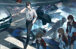 1boy 1girl 3boys 4boys absurdres ameinu belt black_hair black_pants car cherry_blossoms collared_shirt crosswalk dog_tags highres id_card jacket long_hair male_focus motor_vehicle multiple_boys original outdoors pants petals polo_shirt red_jacket shirt short_hair walking watch white_shirt