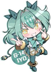 1girl blush boots bow breasts brown_eyes cable cable_tail character_name chibi colored_eyelashes commentary_request electric_plug electric_plug_tail full_body g-14_iyo green_boots green_bow green_hair green_ribbon green_skirt grin hair_intakes hair_ribbon highres large_breasts looking_at_viewer mahjong_fight_girl mechanical_tail pleated_skirt ribbon robot_ears shirt skirt smile solo tail thigh_boots twintails unadon_(unadoom) white_background white_shirt