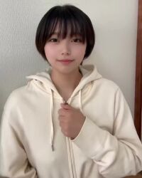 1girl animated asian breasts hitorichan2525 indoors looking_at_viewer medium_breasts no_bra parted_lips real_life short_hair smile solo sound tagme teasing teeth unzipped unzipping upper_body video