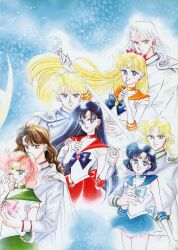1990s_(style) 4boys 4girls :d absurdres aino_minako artbook bishoujo_senshi_sailor_moon bishounen black_hair blonde_hair blue_background blue_choker blue_eyes blue_hair blue_sailor_collar blue_skirt bow brown_eyes brown_hair choker closed_mouth couple gloves green_choker green_eyes green_sailor_collar hair_bow hetero highres hino_rei holding holding_hands holding_staff incredibly_absurdres inner_senshi jadeite_(sailor_moon) kino_makoto kunzite_(sailor_moon) long_hair magical_girl mizuno_ami multiple_boys multiple_girls nephrite_(sailor_moon) official_alternate_hair_color official_art one_eye_closed open_mouth orange_choker orange_sailor_collar pink_hair red_bow red_choker red_sailor_collar red_skirt retro_artstyle sailor_collar sailor_jupiter sailor_mars sailor_mercury sailor_senshi sailor_senshi_uniform sailor_venus scan short_hair skirt smile split_mouth staff takeuchi_naoko very_long_hair wavy_hair weapon_request white_gloves white_hair zoisite_(sailor_moon)