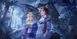 2girls :d absurdres animal_ears arm_belt belt blonde_hair blonney blue_shorts brown_belt brown_hair bush centauroid cowboy_shot deer_ears deer_girl ear_tag flower forest green_eyes green_sports_bra hair_flower hair_ornament hair_over_shoulder hand_up handprint highres holding holding_paper holding_pen jacket jessica_(reverse:1999) long_hair long_sleeves looking_up moonlight multiple_girls nature navel night open_mouth outdoors paper pen purple_eyes purple_jacket reverse:1999 scenery shirt shorts sign smile sports_bra taur tree uuz white_flower white_shirt wooden_house