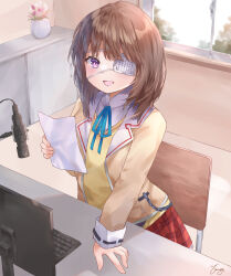 1girl :d absurdres blue_ribbon brown_hair brown_jacket collared_shirt commentary_request cowboy_shot day eyepatch flower frilled_skirt frills hair_between_eyes happy heaven_burns_red highres hiiragi_kozue holding holding_paper indoors jacket long_sleeves looking_at_viewer medical_eyepatch medium_hair microphone miniskirt neck_ribbon one_eye_covered open_clothes open_jacket open_mouth paper plaid_clothes plaid_skirt plant pleated_skirt potted_plant purple_eyes red_skirt ribbon school_uniform shirt signature skirt smile solo standing sweater_vest tsumugi-t vase white_shirt window yellow_sweater_vest