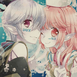 2girls aqua_background asahi_(dq10) body_writing clothing_request colored_skin commentary_request copyright_name dragon_quest dragon_quest_x fairy_wings hat japanese_clothes long_hair looking_at_viewer multiple_girls one_eye_closed pink_eyes pink_hair pointy_ears purple_eyes purple_skin short_hair smile tokin_hat upper_body utsubushi_satsuki v white_hair wings yoi_(dq10)
