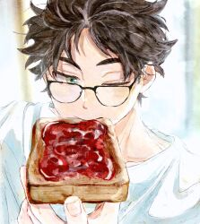 1boy akaashi_keiji black_hair bread bread_slice commentary fingernails food food_in_mouth glasses green_eyes haikyuu!! highres ilst_prac_hq jam male_focus mouth_hold one_eye_closed semi-circular_eyewear shirt short_hair solo symbol-only_commentary toast toast_in_mouth white_shirt