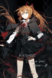 1girl absurdres ascot black_ascot black_capelet black_skirt black_vest bow bowtie buttons capelet chinese_commentary closed_mouth collared_shirt commentary_request commission double-breasted feet_out_of_frame grey_eyes hair_ribbon hand_on_own_hip highres light_smile long_hair long_sleeves looking_at_viewer maboroshi_(freeze000) neck_ribbon orange_hair original petticoat ponytail red_bow red_bowtie red_ribbon ribbon shirt skirt solo standing thank_you very_long_hair vest waistcoat white_shirt