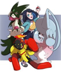 1girl armarouge armor bag black_eyes blue_eyes blue_hair closed_mouth colored_skin gen_8_pokemon green_hair hair_ornament hairclip hat hatterene highres holding liko_(pokemon) mask meowscarada multicolored_hair nintendo pink_eyes pink_hair poke_ball poke_ball_(basic) pokemon pokemon_(anime) pokemon_(creature) pokemon_horizons red_eyes red_skin smile two-tone_hair white_skin