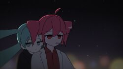 2girls absurdres ahoge aqua_eyes aqua_hair baka_mitai_(meme) black_shirt cigar collared_shirt cosplay drill_hair formal_clothes hair_between_eyes hatsune_miku highres jacket kasane_teto kiryu_kazuma kiryu_kazuma_(cosplay) kumi3 long_hair long_sleeves meme mouth_hold multiple_girls red_eyes red_hair red_shirt ryuu_ga_gotoku_(series) shirt smoking suit twin_drills twintails utau vocaloid white_jacket