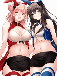 animal_ears bare_shoulders black_hair black_skirt blue_eyes blue_thighhighs blush breasts cleavage_cutout closed_mouth clothing_cutout collarbone commentary_request fake_animal_ears hair_bun long_hair looking_at_viewer medium_breasts medium_hair midriff miniskirt navel official_alternate_costume one_eye_closed open_mouth orange_hair paid_reward_available pencil_skirt rabbit_ears red_hayao red_thighhighs side_slit simple_background single_hair_bun single_side_bun skirt smile thighhighs white_background yahari_ore_no_seishun_lovecome_wa_machigatteiru. yellow_eyes yuigahama_yui yukinoshita_yukino