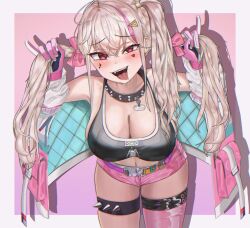 Rule 34 | 1girl, absurdres, border, breasts, choker, cleavage, commentary request, crop top, dog tags, facial mark, gloves, goddess of victory: nikke, grey hair, heart, heart facial mark, highres, holding, holding own hair, jackal (nikke), jacket, korean commentary, large breasts, leaning forward, long hair, micro shorts, midriff, navel, pink background, pink gloves, pink jacket, pink shorts, pink thighhighs, red eyes, saliva, shorts, simple background, single thighhigh, solo, spiked choker, spiked thigh strap, spikes, thigh strap, thighhighs, thighs, tongue, tongue out, tool slime, very long hair, white border