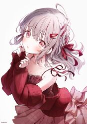 Rule 34 | 1girl, ahoge, armpit crease, artist name, blush, bow, bow skirt, braid, breasts, camisole, cardigan, choppy bangs, cleavage, commentary, dot nose, from above, gingham skirt, grey hair, hair ornament, hair ribbon, hairclip, hands up, highres, irono1910, long hair, looking up, nail polish, off shoulder, open cardigan, open clothes, original, parted lips, red bow, red camisole, red cardigan, red eyes, red nails, red ribbon, red skirt, red theme, ribbon, ribbon braid, side braid, simple background, skirt, spaghetti strap, standing, symbol-only commentary, triangle hair ornament, variant set, wavy hair, white background