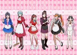 6+girls :d :t ace_attorney alternate_costume apollo_justice:_ace_attorney apron arm_behind_back ascot athena_cykes belt black_apron black_belt black_boots black_choker black_gloves black_hair black_pantyhose black_sandals black_shoes blue_bow blue_bowtie blue_eyes blue_hair blue_jacket blue_skirt blunt_bangs blush boots bow bowtie breasts broom brown_hair brown_shoes choker closed_mouth collared_shirt commentary_request dated dress earrings ema_skye embarrassed english_text enmaided eyewear_on_head facial_mark forehead_mark franziska_von_karma frilled_hairband frilled_hat frills full_body gloves green_eyes grey_eyes hair_ribbon hair_rings hairband half_updo hat highres index_finger_raised jacket japanese_clothes jewelry juliet_sleeves kimono kimono_skirt knee_boots kneehighs leg_warmers long_hair long_sleeves looking_at_viewer maid maid_day maid_headdress maya_fey medium_breasts multiple_girls necktie nyak_il open_mouth orange_hair pantyhose parted_bangs patterned_background phoenix_wright:_ace_attorney_-_spirit_of_justice pink_background pink_necktie pout puffy_short_sleeves puffy_sleeves purple_dress rayfa_padma_khura&#039;in red_dress ribbon sandals shirt shoes short_dress short_hair short_kimono short_sleeves side_ponytail side_slit sidelocks skirt small_breasts smile socks standing standing_on_one_leg striped_clothes striped_socks tinted_eyewear trucy_wright two-tone_kimono v vertical-striped_clothes vertical-striped_socks visor_cap waist_apron waitress white-framed_eyewear white_apron white_ascot white_gloves white_hat white_leg_warmers white_ribbon white_shoes white_socks wide_sleeves wristband