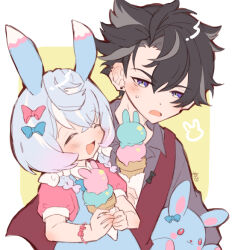 1boy 1girl annoyed antennae black_hair blue_bow blue_dress blue_hair bow braid closed_eyes commentary_request dress genshin_impact gradient_hair grey_hair hair_between_eyes hair_bow hayashidadesu holding holding_ice_cream_cone holding_stuffed_toy ice_cream_cone looking_at_another multicolored_hair open_mouth pink_dress pink_hair purple_eyes red_bow red_vest short_hair short_sleeves sigewinne_(genshin_impact) simple_background smile stuffed_animal stuffed_rabbit stuffed_toy twin_braids vest white_background wriothesley_(genshin_impact) yellow_background