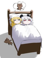 2girls ahoge black_horns blonde_hair cheek_pull chibi closed_eyes closed_mouth commentary cryne curled_horns english_commentary half-closed_eyes hat highres horns long_hair looking_up multiple_girls phoebe_(wuthering_waves) pillow red_eyes simple_background smile stuffed_animal stuffed_toy teddy_bear under_covers white_background white_hat wuthering_waves zani_(wuthering_waves)