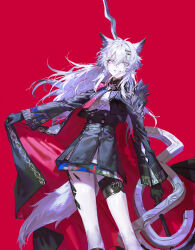 1girl animal_ears arknights black_cape black_jacket black_skirt cape grey_eyes grey_hair grin highres holding holding_weapon jacket lappland_(arknights) long_hair looking_at_viewer quasarcake red_background red_cape scar scar_across_eye scar_on_face skirt smile solo tail teeth weapon
