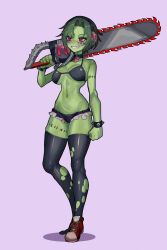 1girl absurdres black_bra black_choker black_panties black_thighhighs bra bracelet breasts chainsaw choker clenched_hand colored_skin commentary_request commission curtained_hair cutoffs ear_protection ekrea_jan full_body green_hair green_skin highres holding holding_chainsaw holding_weapon jewelry large_breasts micro_shorts navel original panties purple_background red_eyes red_shoes shoes short_hair shorts single_shoe skeb_commission skull skull_choker smile solo spiked_bracelet spikes standing stitched_arm stitched_face stitched_leg stitches stomach teeth thighhighs torn_clothes torn_thighhighs underboob underwear weapon zombie