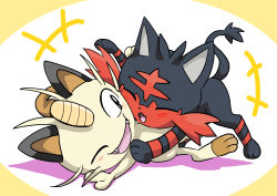 animal_ears animal_focus blush cat cat_ears cat_tail creatures_(company) closed_eyes fangs game_freak gen_1_pokemon gen_7_pokemon highres litten meowth nintendo no_humans one_eye_closed open_mouth pokemon pokemon_(creature) runachikku tail whiskers