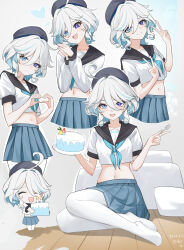 1girl absurdres beret black_sailor_collar blue_eyes blue_hair blue_neckerchief blue_skirt breasts cake chibi chinese_commentary commentary_request dated food furina_(genshin_impact) genshin_impact hat heterochromia highres holding holding_cake holding_food lao_xi midriff multiple_views navel neckerchief no_shoes pantyhose pleated_skirt sailor_collar school_uniform serafuku skirt small_breasts smile white_pantyhose white_serafuku wooden_floor
