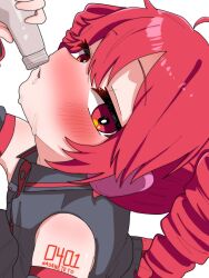Rule 34 | 1girl, alcohol, bare shoulders, black shirt, blush, bottle, buttons, character name, detached sleeves, drill hair, drunk, grey shirt, highres, holding, holding bottle, kasane teto, kasane teto (utau), long hair, looking at viewer, number tattoo, parted lips, red eyes, red hair, saliva, shirt, sleeveless, sleeveless shirt, solo, tattoo, upper body, utau, vvv fnk