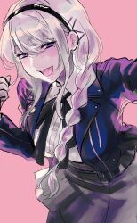 Rule 34 | 1girl, black bow, black headband, black ribbon, blush, bow, braid, braided ponytail, breasts, female focus, headband, highres, kirifuji nozomi, large breasts, long hair, looking at viewer, neck ribbon, open mouth, pink background, purple eyes, ribbon, simple background, solo, teeth, the hundred line -last defense academy-, tongue, upper teeth only, white hair