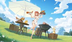1girl absurdres ahoge apple apron armpits atelier_(series) atelier_yumia azur_lane baby_animal baguette bare_arms bare_shoulders barrel bikini bird black_bikini blue_sky blush bread breasts chair chef_hat chick chicken chicken_(food) cleavage cloud cloudy_sky cooking crate day dutch_angle flower food fruit grass green_eyes grill hair_between_eyes hair_ornament halterneck hands_up hat highres holding holding_food holding_plate holding_tray isla_von_duerer isla_von_duerer_(open-air_vacationeer) large_breasts leg_up manjuu_(azur_lane) meat nearly_naked_apron non-web_source official_alternate_costume official_art one_side_up open_mouth outdoors parasol plate red_hair sandals shadow side-tie_bikini_bottom sideboob sky smile solo standing standing_on_one_leg string_bikini swimsuit table teeth thigh_strap thighs toes tomato tray tree umbrella upper_teeth_only white_apron white_flower wooden_table