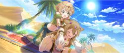 2girls :o ahoge amy_(konosuba) animal_ear_fluff animal_ears arabian_clothes argyle_cutout armlet assisted_stretching barefoot blonde_hair blue_sky blush bracelet bracer braided_sidelock brown_eyes brown_hair carpet cielo_(konosuba) clothing_cutout cloud cloudy_sky collarbone crop_top day desert detached_sleeves double-parted_bangs droopy_ears feet game_cg gem green_eyes green_pants green_sash harem_outfit harem_pants highres jewelry kneeling kono_subarashii_sekai_ni_shukufuku_wo! konosuba!_fantastic_days loincloth long_hair long_sleeves looking_at_another matching_outfits midriff multiple_girls navel official_alternate_costume official_art on_ground one_eye_closed open_mouth outdoors outstretched_arms palm_tree pants pink_loincloth puffy_detached_sleeves puffy_long_sleeves puffy_short_sleeves puffy_sleeves purple_gemstone red_gemstone sand sash shade short_hair short_sleeves sidelocks single_sidelock sitting sky soles sun sunlight teardrop tree wavy_hair white_sleeves