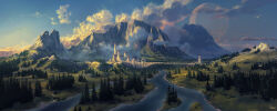 absurdres building cloud cloudy_sky commentary english_commentary highres landscape mountain no_humans original outdoors philipp_urlich river scenery sky sunrise tree