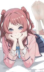 Rule 34 | 1girl, absurdres, blue bow, blue bowtie, blue eyes, blue skirt, blush, bow, bowtie, brown hair, gakuen idolmaster, hanami saki, highres, idolmaster, jacket, kiratto777, looking at viewer, lying, on stomach, pink jacket, shirt, simple background, skirt, smile, socks, solo, the pose, toes, twintails, white background, white shirt, white socks