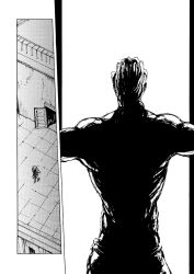 backlighting comic dio_brando from_behind greyscale jojo_no_kimyou_na_bouken merumeru626 monochrome outdoors outstretched_arms screentones silent_comic silhouette stardust_crusaders
