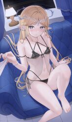 1girl absurdres arm_strap bare_legs bare_shoulders barefoot black_bra black_panties blonde_hair blue_couch blue_eyes blush bra breasts cartethyia_(wuthering_waves) collarbone commentary couch crown_of_thorns earrings english_commentary hand_up highres indoors jewelry lamp leg_up lingerie long_hair looking_at_viewer navel night on_couch panties parted_lips pointy_ears see-through_clothes sitting small_breasts solo tacet_mark_(wuthering_waves) thighs tojo_aoi underwear very_long_hair window wuthering_waves